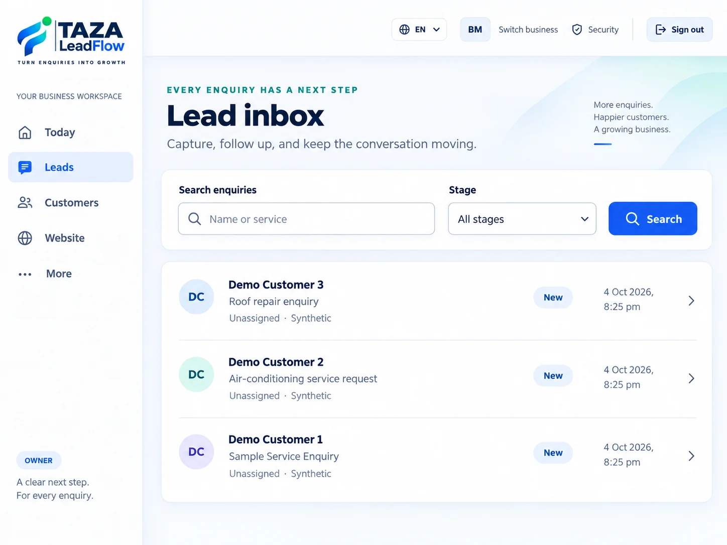 TAZA LeadFlow Lead Inbox showing synthetic demo enquiries with stage, assignment and time; no real customers